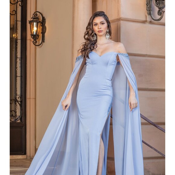 New Off Shoulder Sheath Dress w/ Beads Embroidery & Shoulder Drapes DQ 4306 - Picture 7 of 9